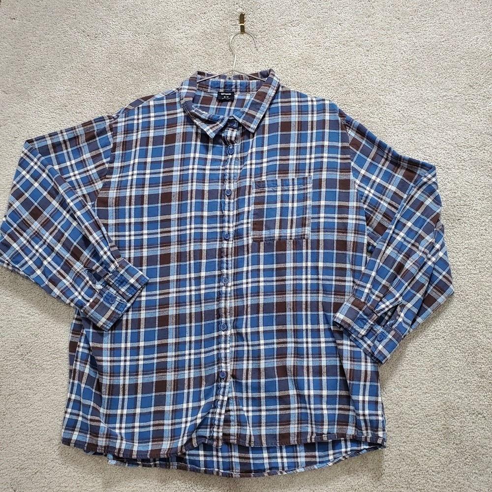 Cotton On Flannel Shirt Men's Medium Blue Brown Plaid Pockets Casual Button-Up